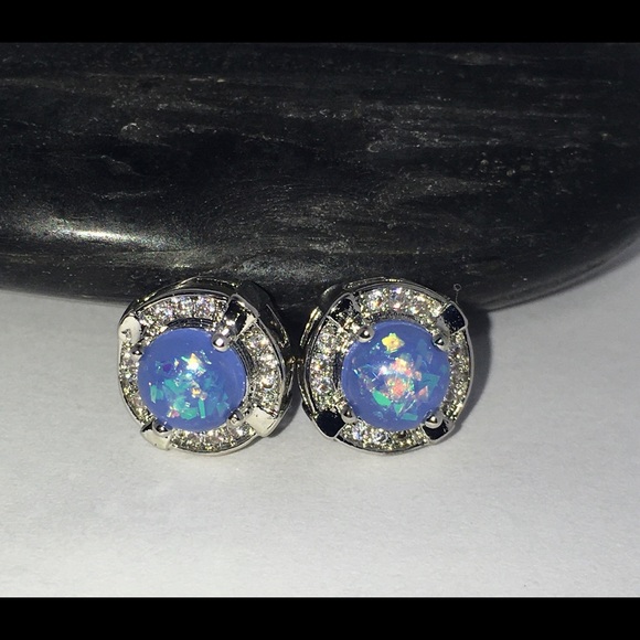 Elegant Fire Opal Micro Paved Halo Stud Earrings - Picture 2 of 11